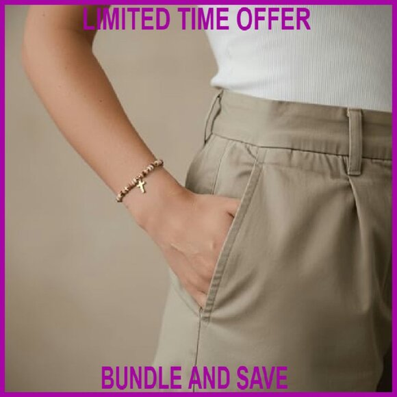 Natural Shell Beaded Bracelet with Cross Heart Charms Gold Plated Adjustable - Picture 5 of 7